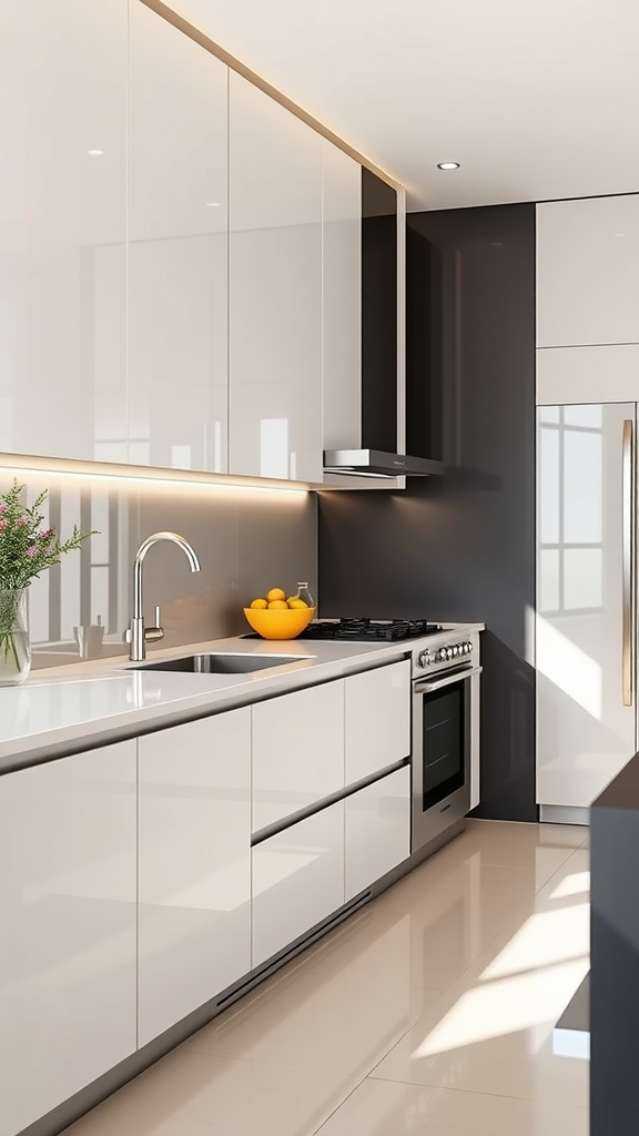 Modern kitchen with high gloss finish cabinets, a sleek countertop, and stylish appliances.