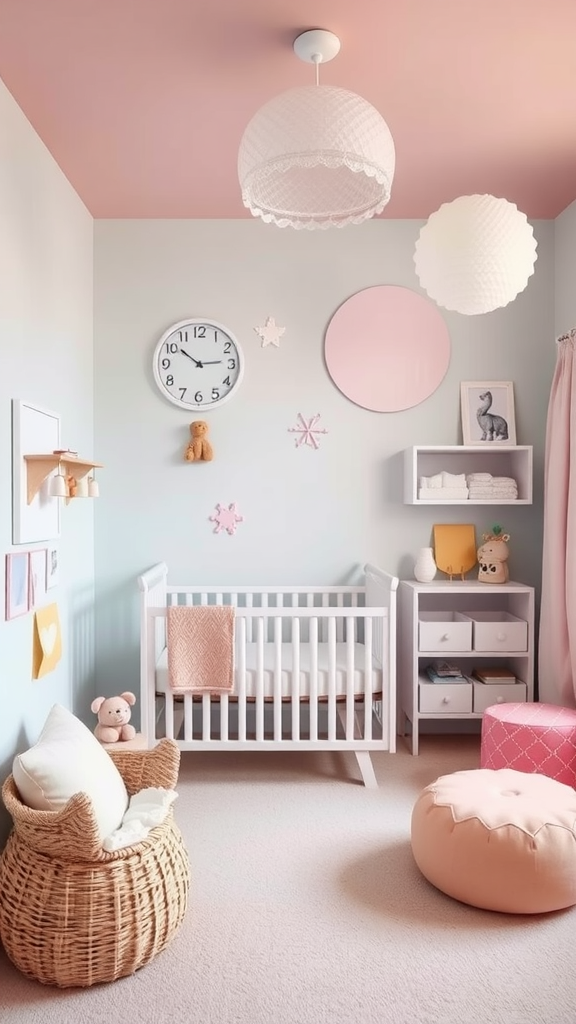 A cozy nursery with soft colors, a crib, and playful decor.