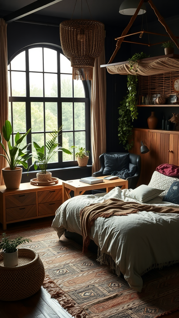 A cozy bedroom with dark walls, plants, and natural textures creating a moody atmosphere.