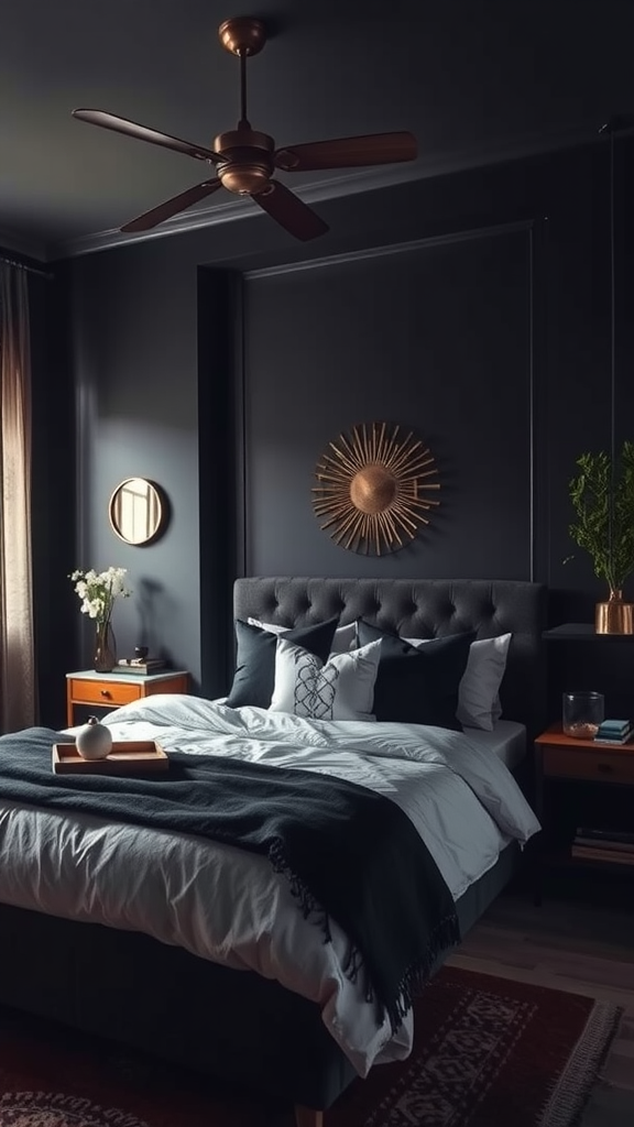 A dark boho bedroom featuring a tufted bed, metallic accents, and warm tones.