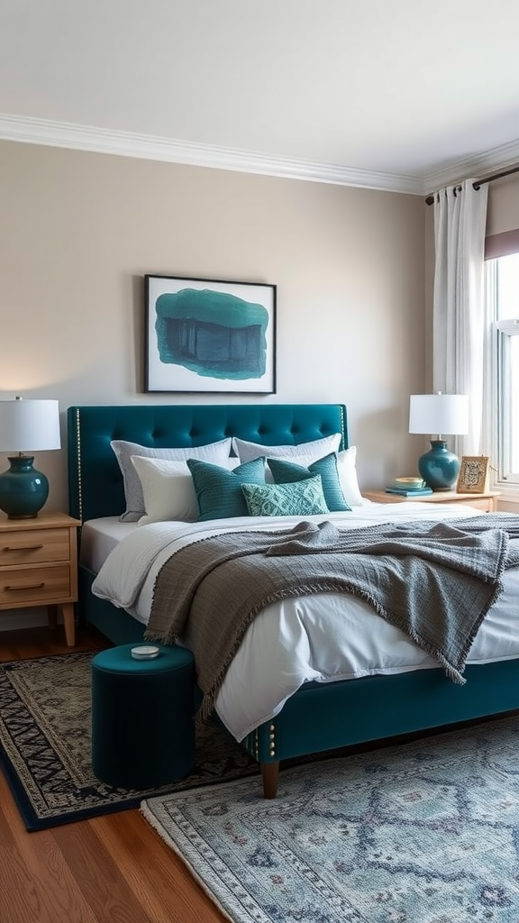 A cozy bedroom featuring dark teal accessories, including a headboard and accent pieces, with beige walls and wooden floors.