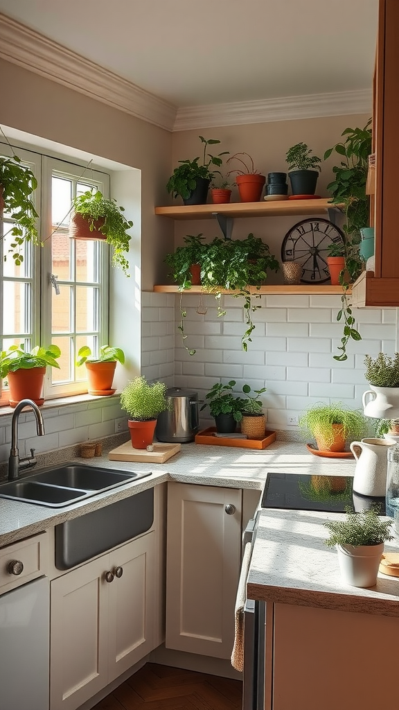 A cozy kitchen filled with various potted plants on shelves and windowsills.