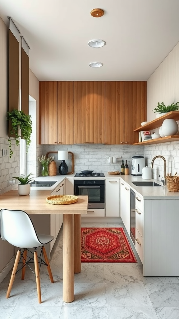 A modern kitchen featuring a multi-functional table and a cozy atmosphere.