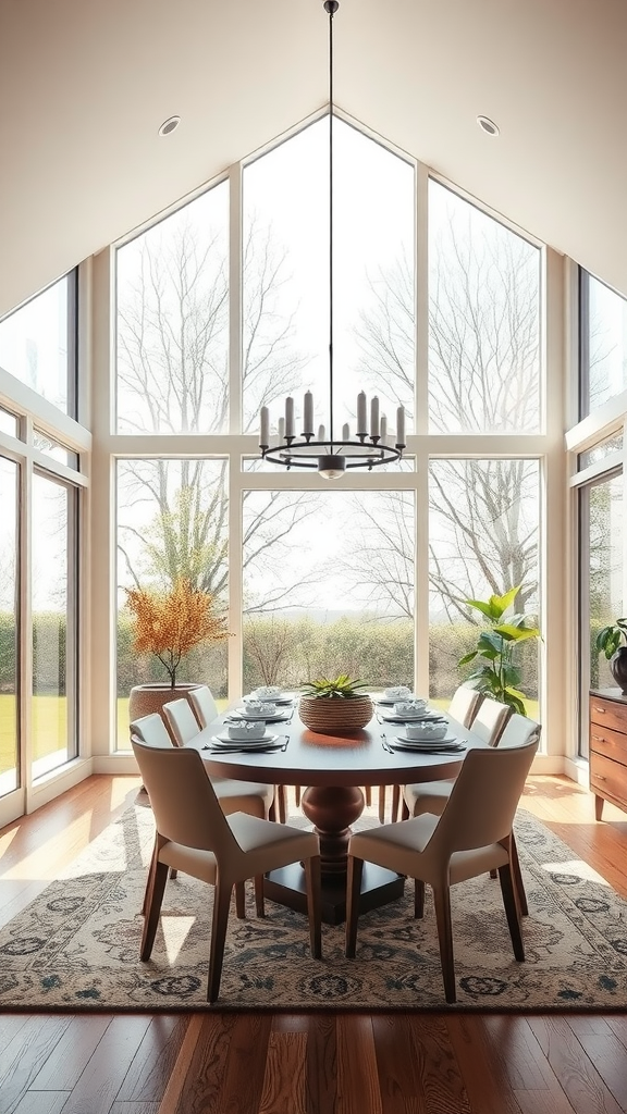 A bright dining area with large windows, a round table, and plants.