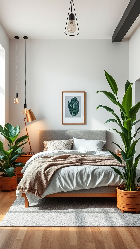 Cozy industrial bedroom with plants, concrete floor, and modern decor