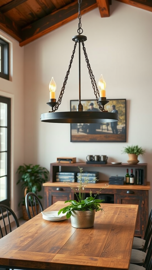 An industrial-style chandelier with two bulbs hangs over a wooden dining table surrounded by black chairs and a potted plant.