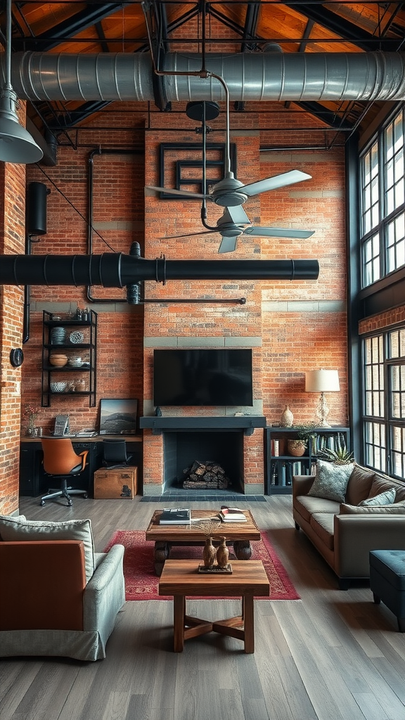 A stylish living room featuring an exposed brick wall, modern furniture, and industrial accents.