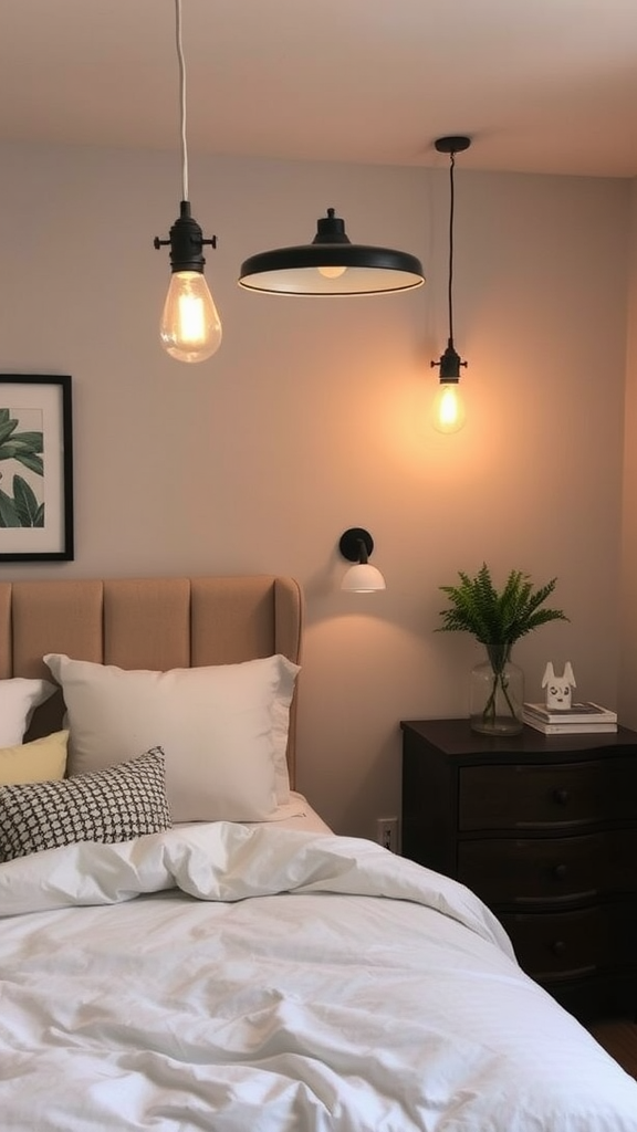 Cozy industrial bedroom featuring stylish lighting fixtures.