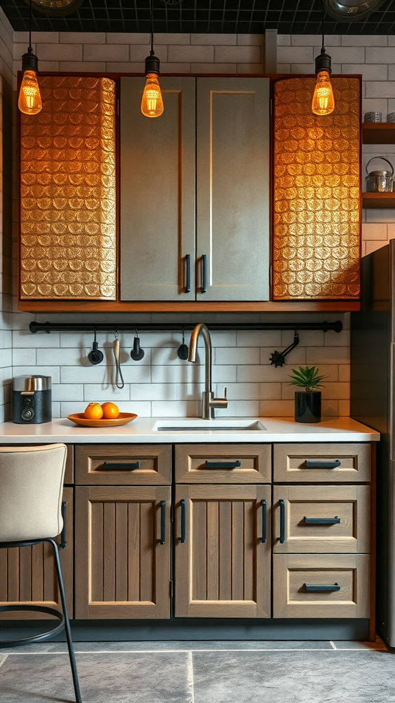 Industrial style kitchen cabinets with warm wood and metal accents.