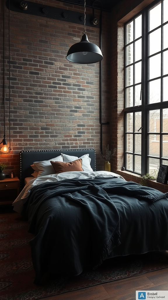 A modern industrial bedroom featuring exposed brick walls, a stylish bed with fluffy cushions, and large windows.