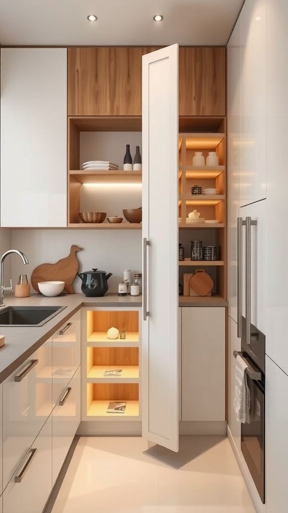 A stylish kitchen featuring a pull-out pantry with warm lighting and organized shelves.