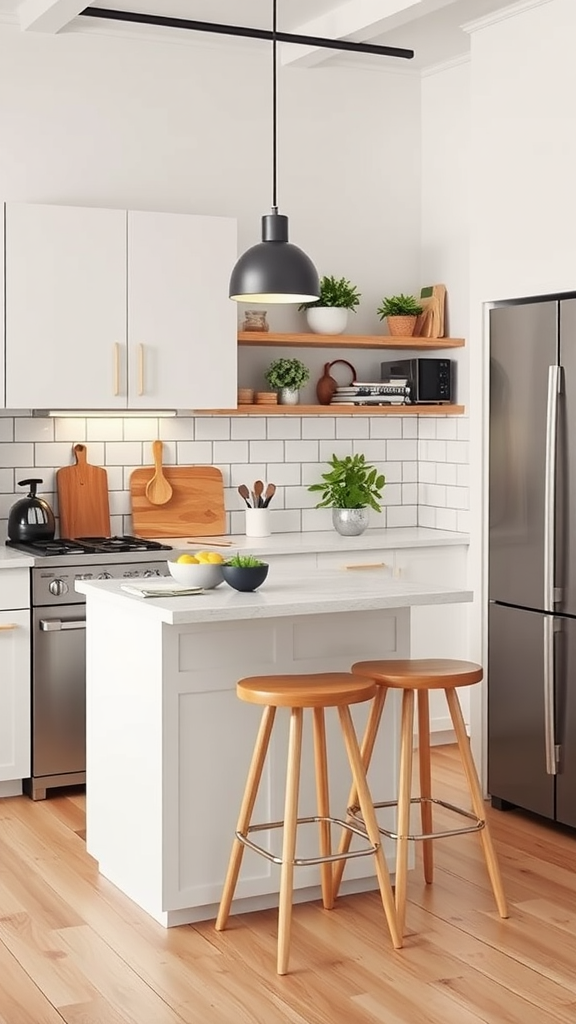 A modern kitchen with a small island, featuring light wood floors, white cabinets, and a black pendant light.