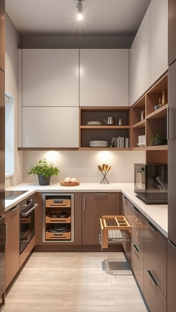 Modern kitchen with smart storage solutions like pull-out shelves and open cabinets.