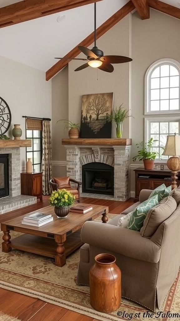 Cozy living room with rustic influences, featuring wooden beams, a coffee table, and comfortable seating.