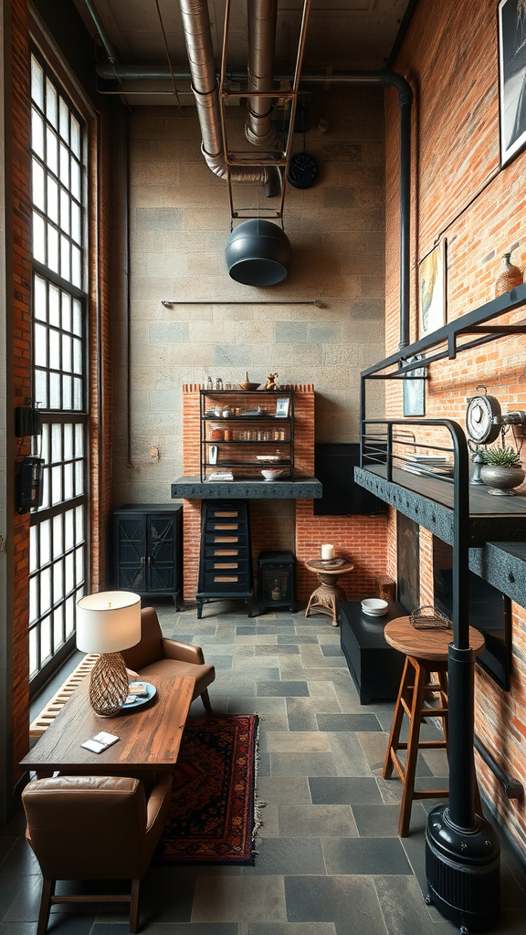 A cozy industrial-style interior showcasing a modern design with wooden furniture and brick walls.