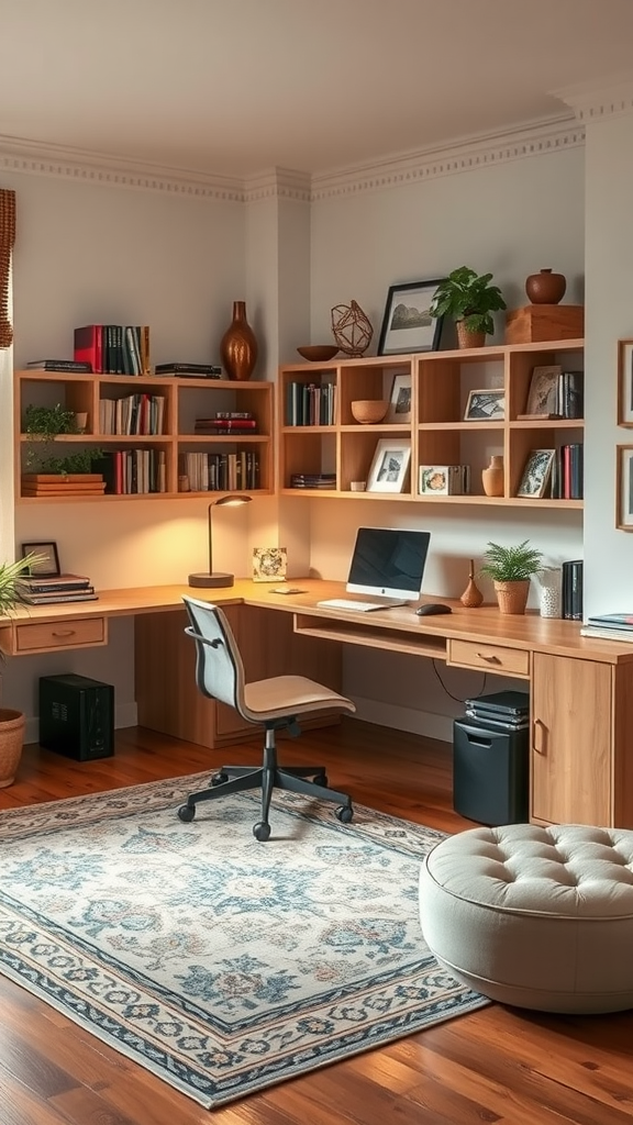 Cozy L-shaped double desk arrangement in a home office with bookshelves and plants.