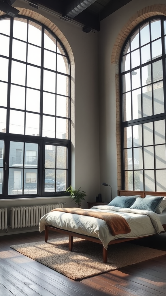 A bright bedroom featuring large arched windows, concrete floor, and industrial design elements.