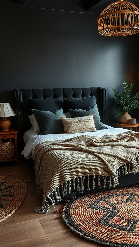 Cozy bedroom with dark walls, layered blanket, and natural fiber rugs