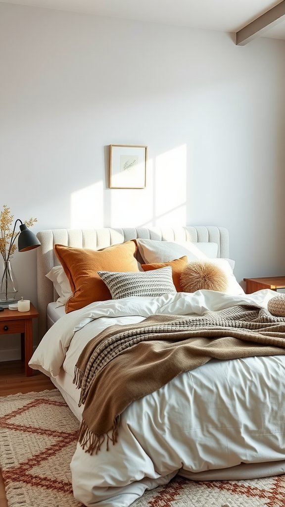 Cozy bedroom with layered bedding, featuring soft pillows and warm throw.