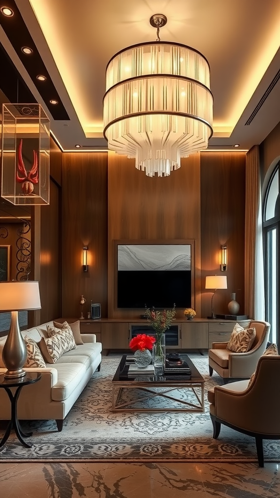 A stylish living room featuring a chandelier, wall sconces, and various lighting elements to create a warm atmosphere.