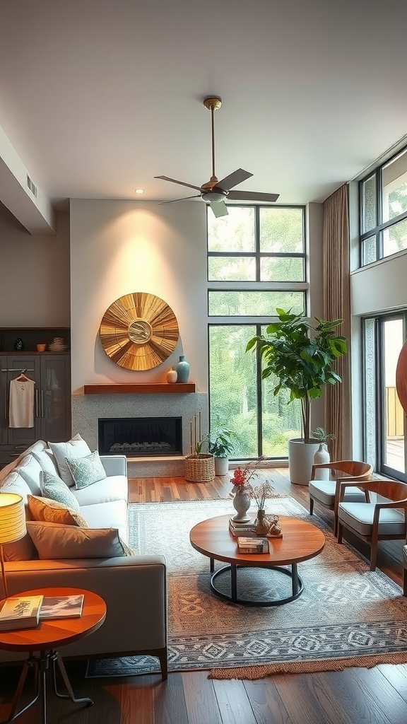 A cozy living room featuring layered lighting, a ceiling fan, large windows, and plants.