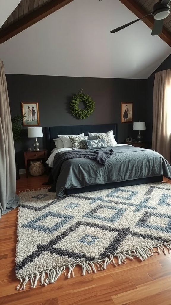 A cozy moody bedroom featuring a large fluffy rug, dark walls, and contemporary decor.