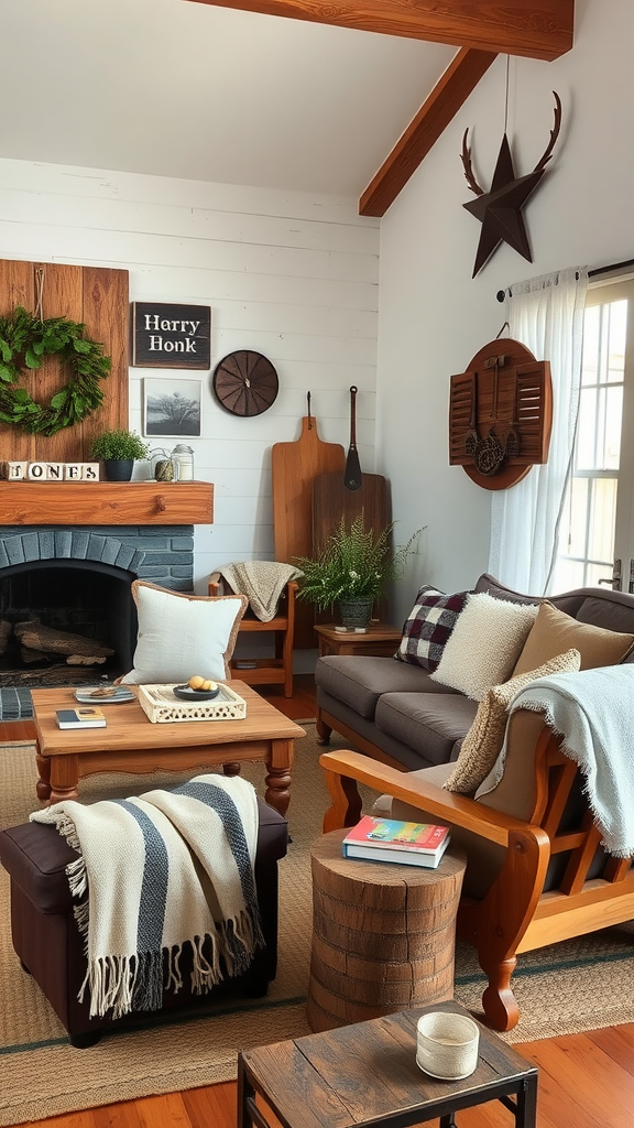 Cozy living room with layered textures, featuring a fireplace, soft textiles, and rustic decor.