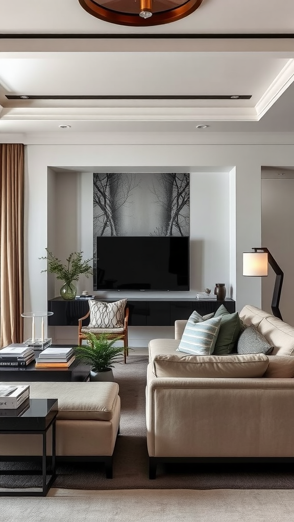 A modern living room with layered textures, featuring a beige sofa, striped pillows, a black coffee table, a potted plant, and wall art.