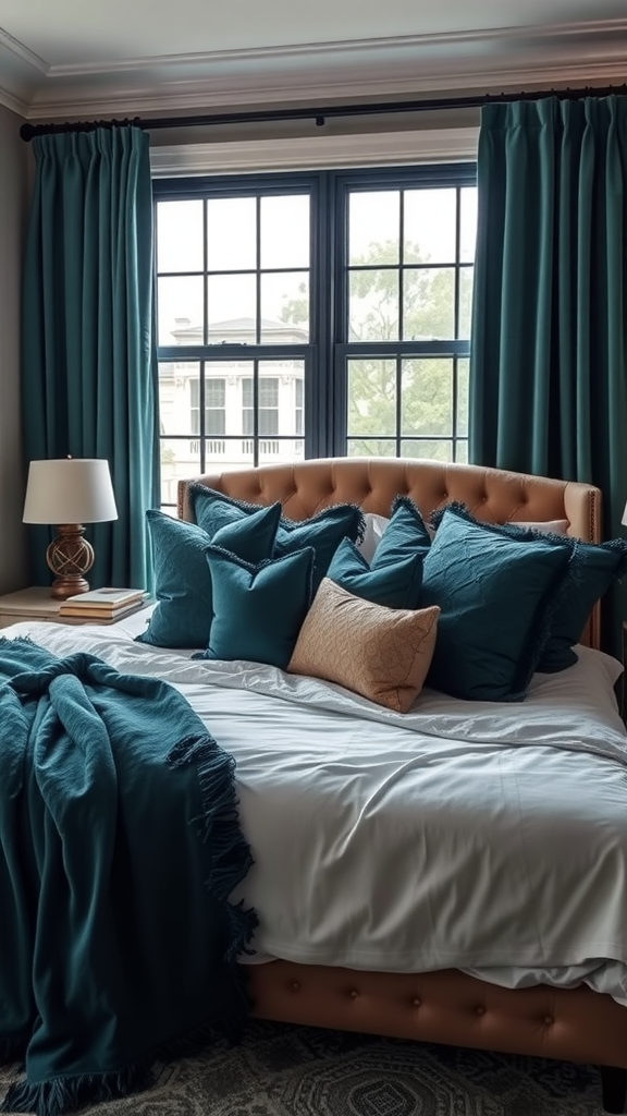 A cozy bedroom featuring a bed with dark teal pillows and blanket, complemented by curtains in the same color.