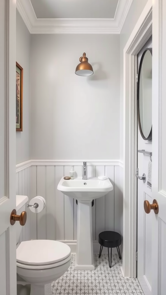 A light gray bathroom featuring white trim, a sink, and a stylish light fixture.