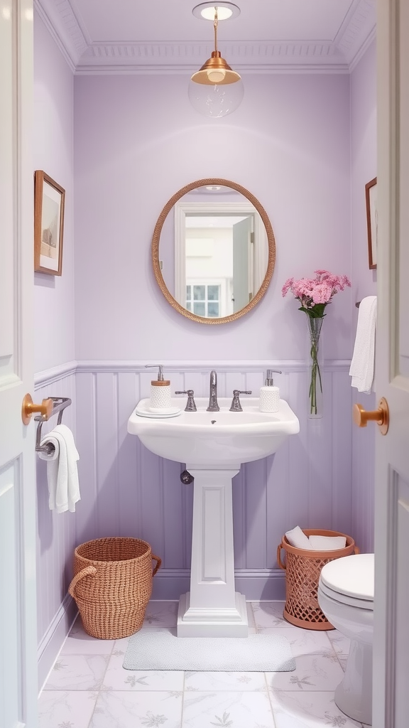 A small bathroom with light lavender walls, a white sink, and decorative elements.