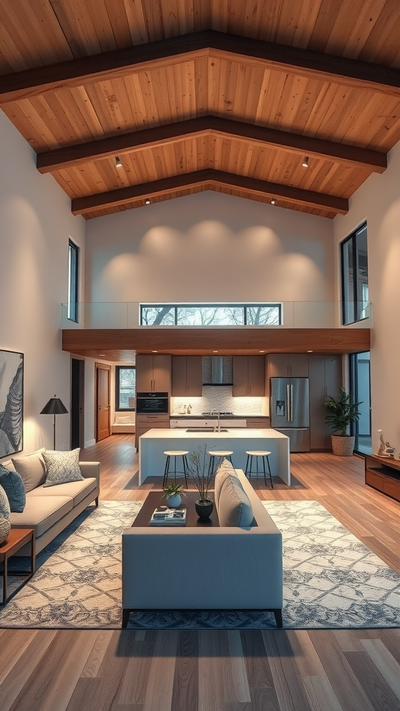 A modern living room with wooden ceiling beams, showcasing well-defined lighting zones.