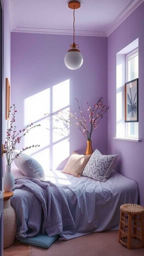 A cozy purple room with a bed, decorative pillows, and flowers, illuminated by sunlight.