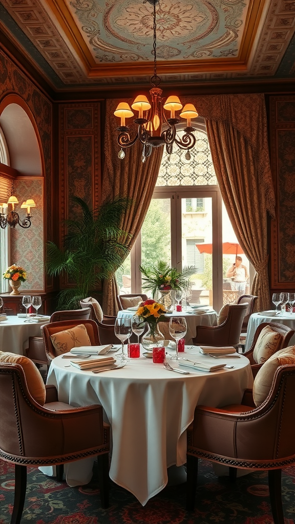 Elegant dining room with rich fabrics and textures, featuring plush chairs and elaborate decor.