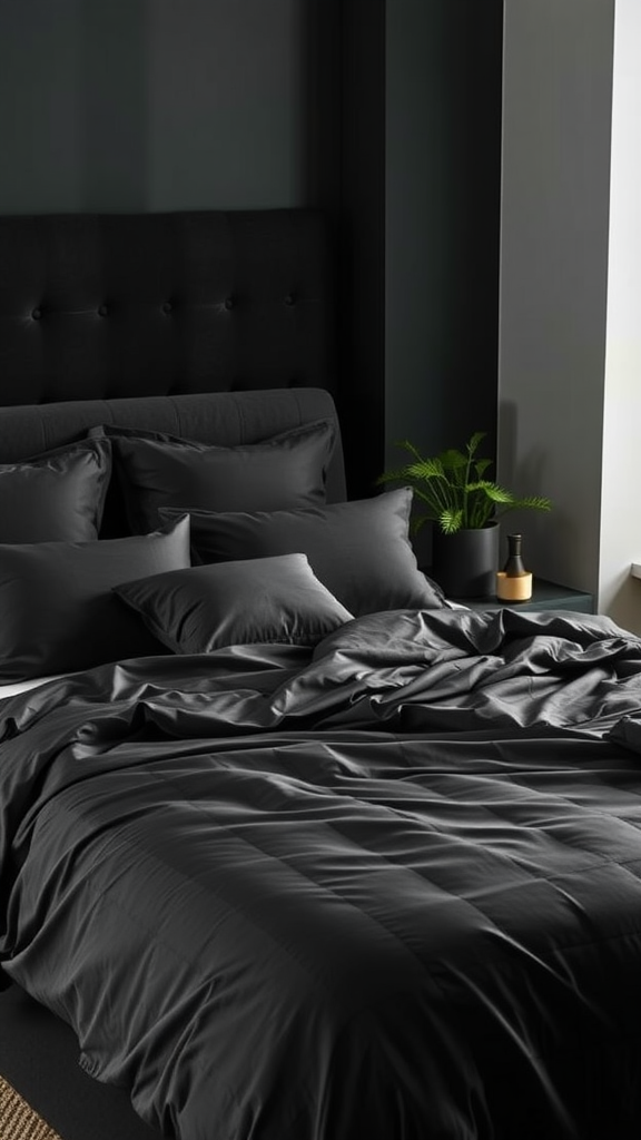 Luxurious dark bedding with fluffy cushions and a small plant in a modern bedroom