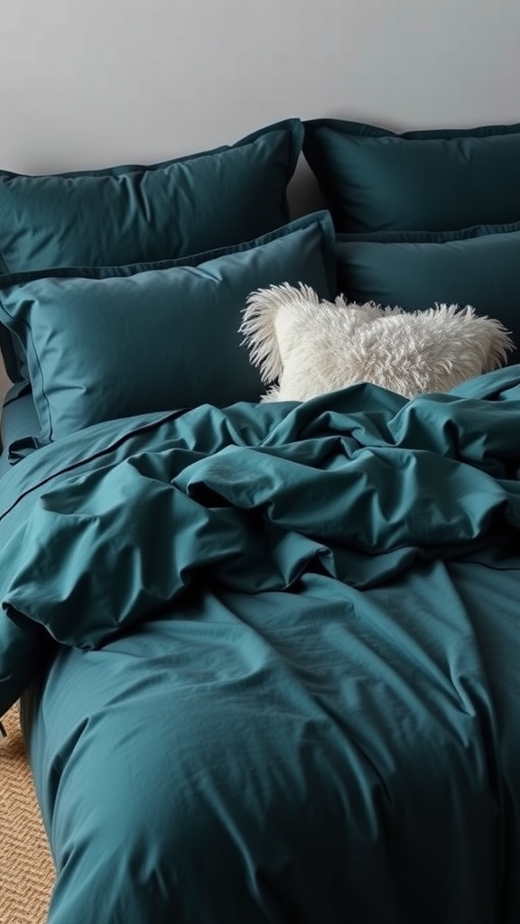 Plush dark teal bedding with pillows and a fluffy white accent pillow.