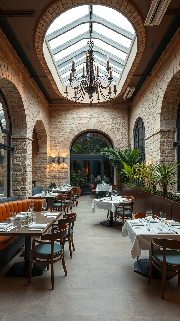 An elegant restaurant interior with stone walls, wooden tables, and a large skylight.