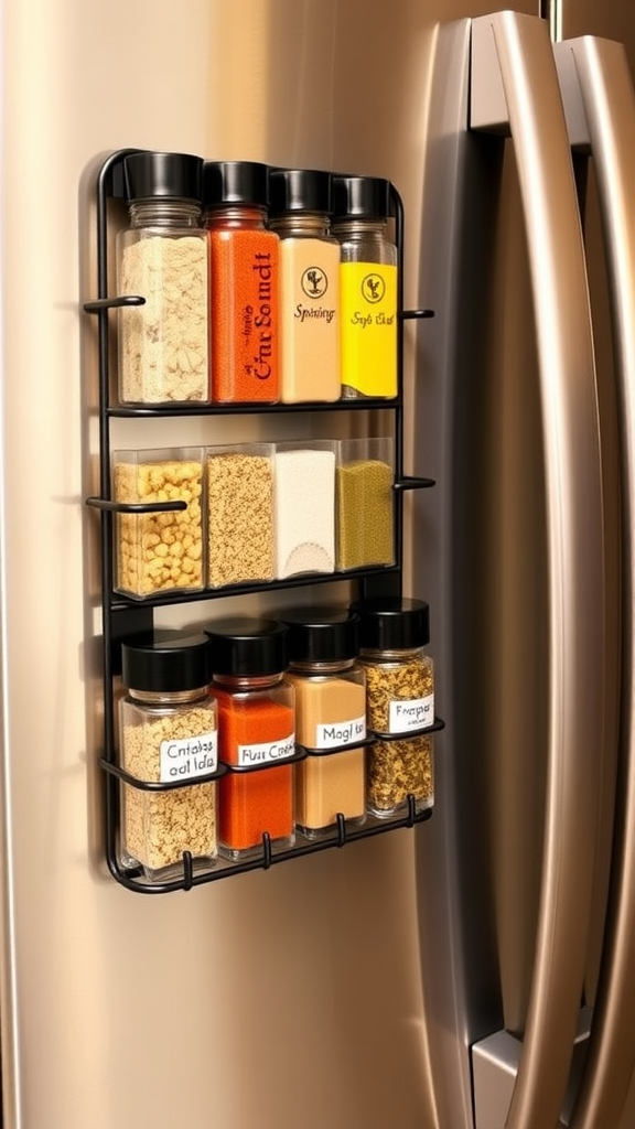 A magnetic spice rack attached to a refrigerator, showcasing various spice jars.