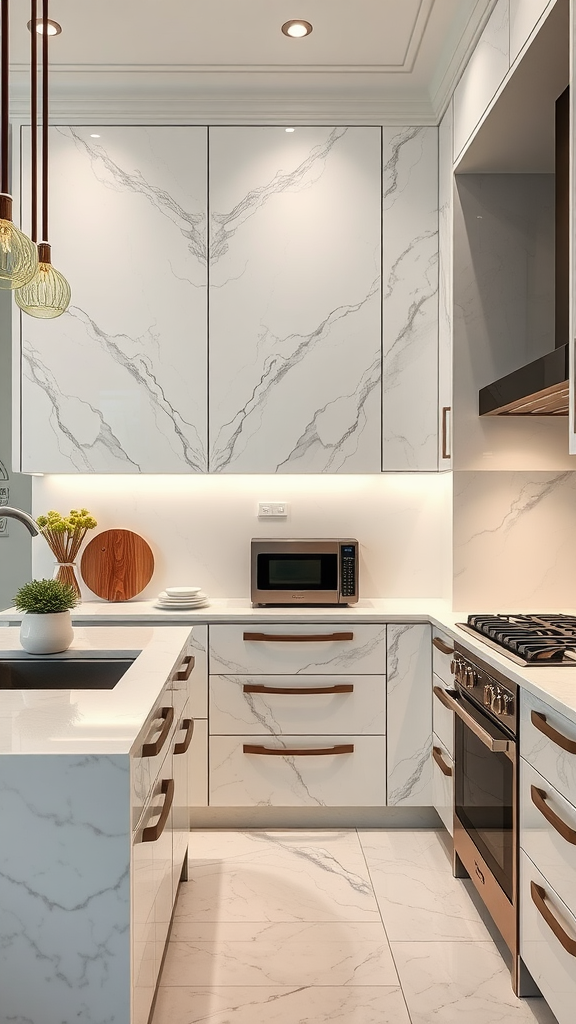 Modern kitchen with marble-effect cabinet finishes and sleek design.