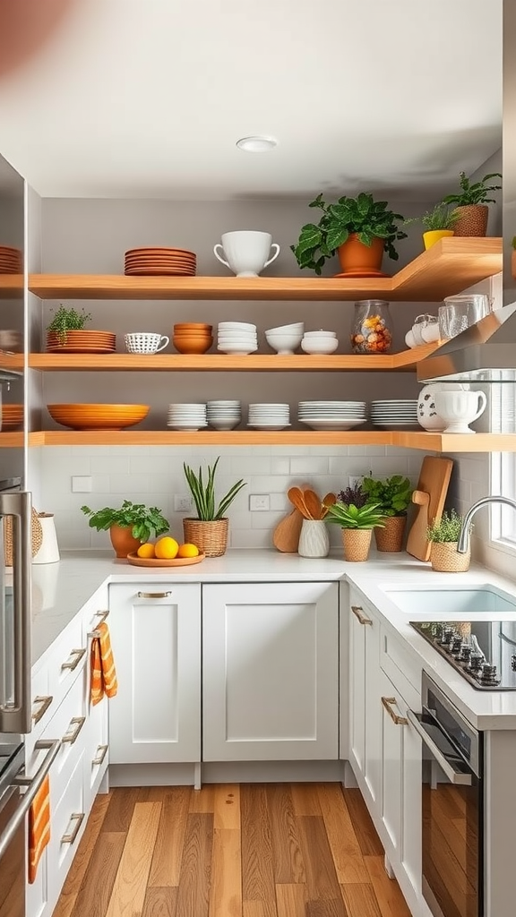 A modern kitchen featuring open shelving with various dishes and plants, creating a spacious feel.