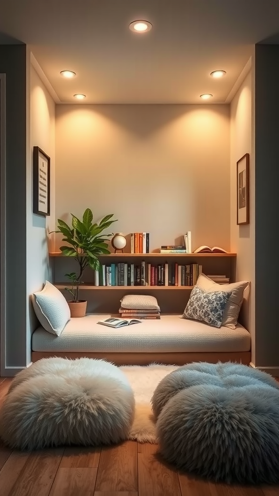 Cozy reading nook with comfortable seating, soft lighting, and a collection of books.