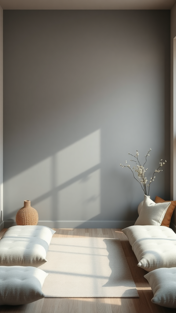 Cozy room with gray walls, cushions on the floor, and natural light