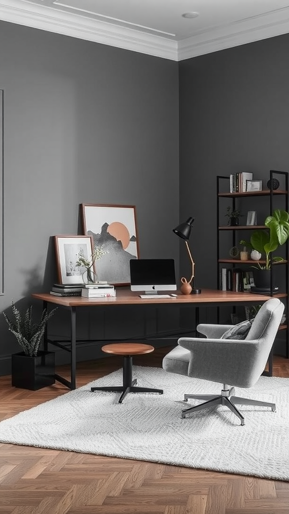 Stylish home office featuring Mindful Gray walls, a wooden desk, and modern decor.