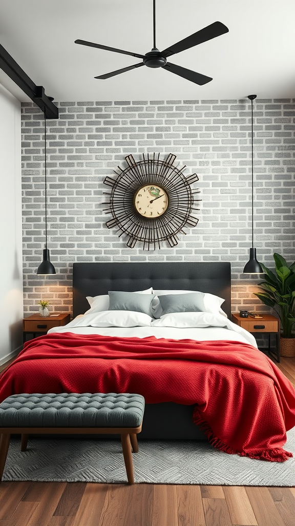 A minimalist industrial bedroom featuring a brick wall, modern bed with a red blanket, and stylish lighting.