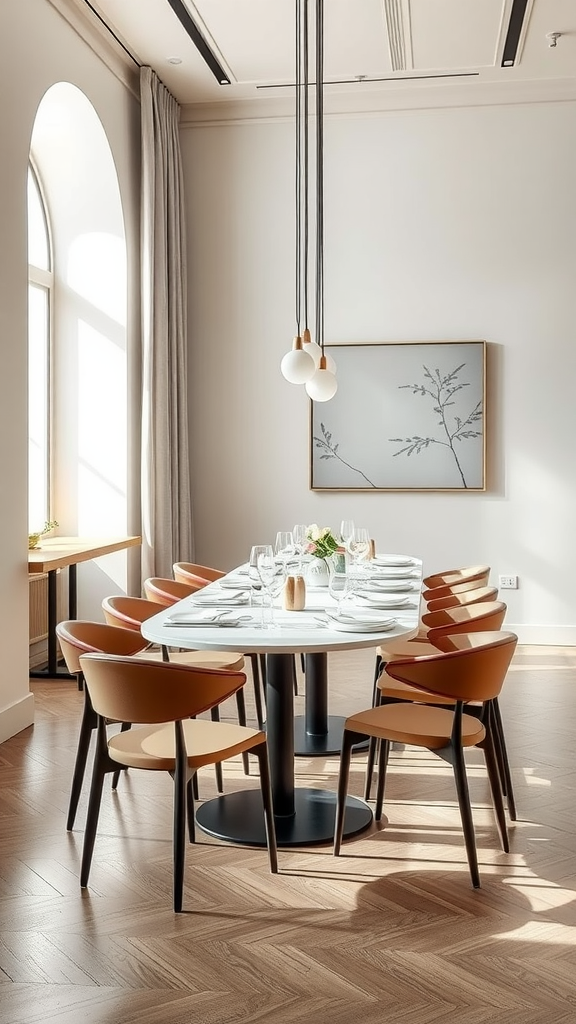 A minimalist dining room featuring a sleek white table surrounded by brown and black chairs, with natural light illuminating the space.