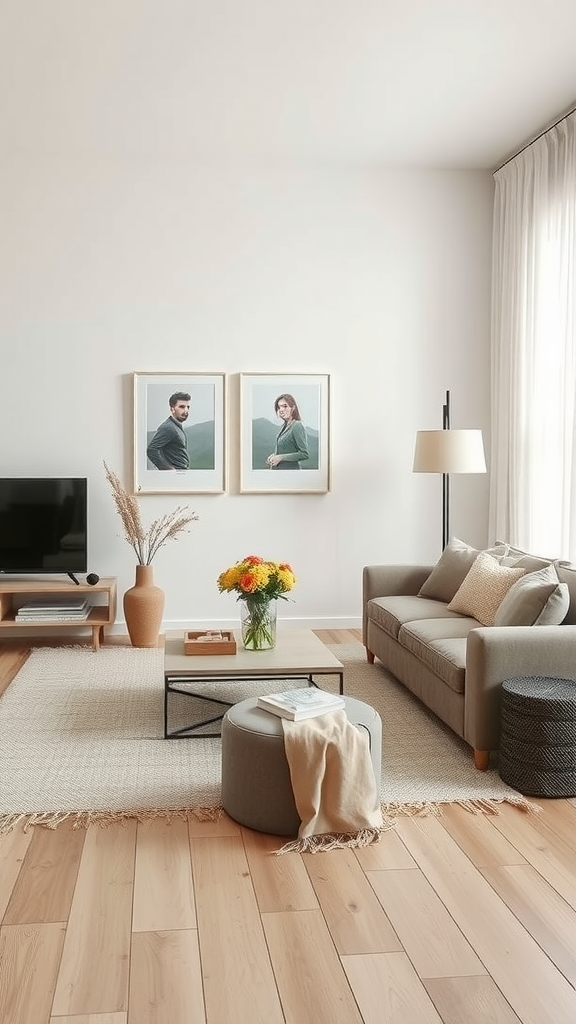 A cozy living room with minimalist design elements, featuring a gray sofa, wooden flooring, and floral centerpiece.