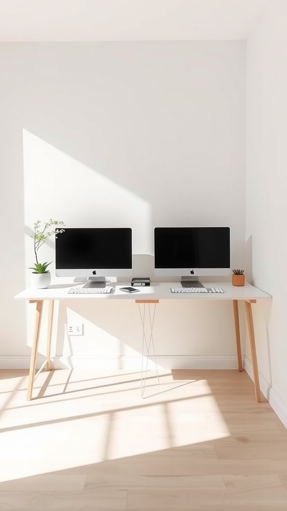 Minimalist double desk design with two monitors and a clean workspace