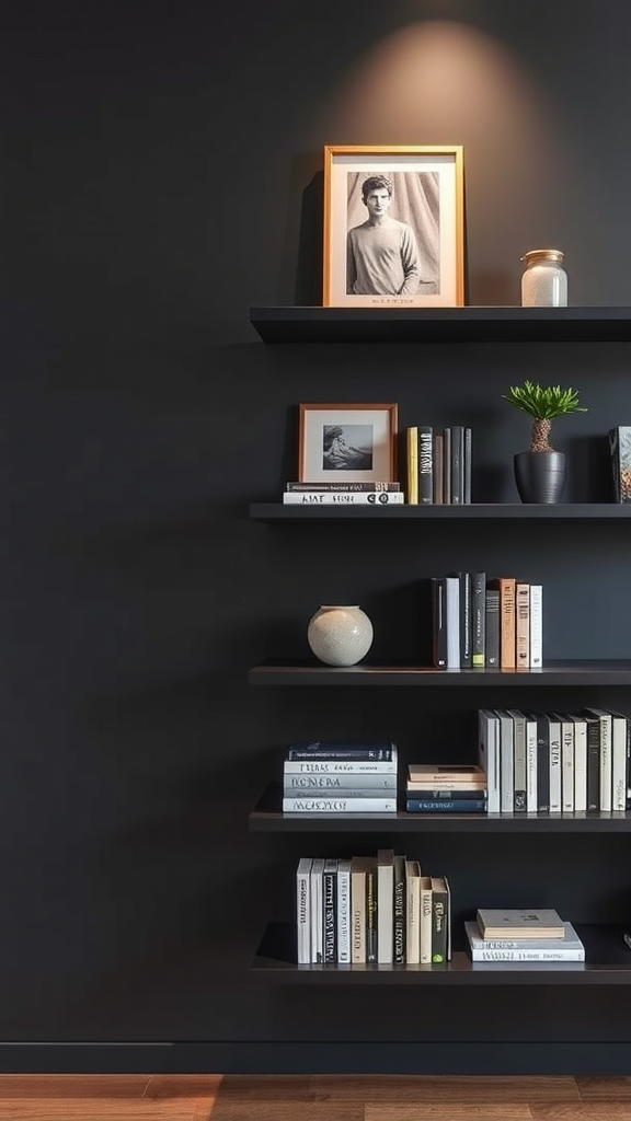 A stylish black wall with minimalist floating shelves displaying books, a plant, and framed pictures.