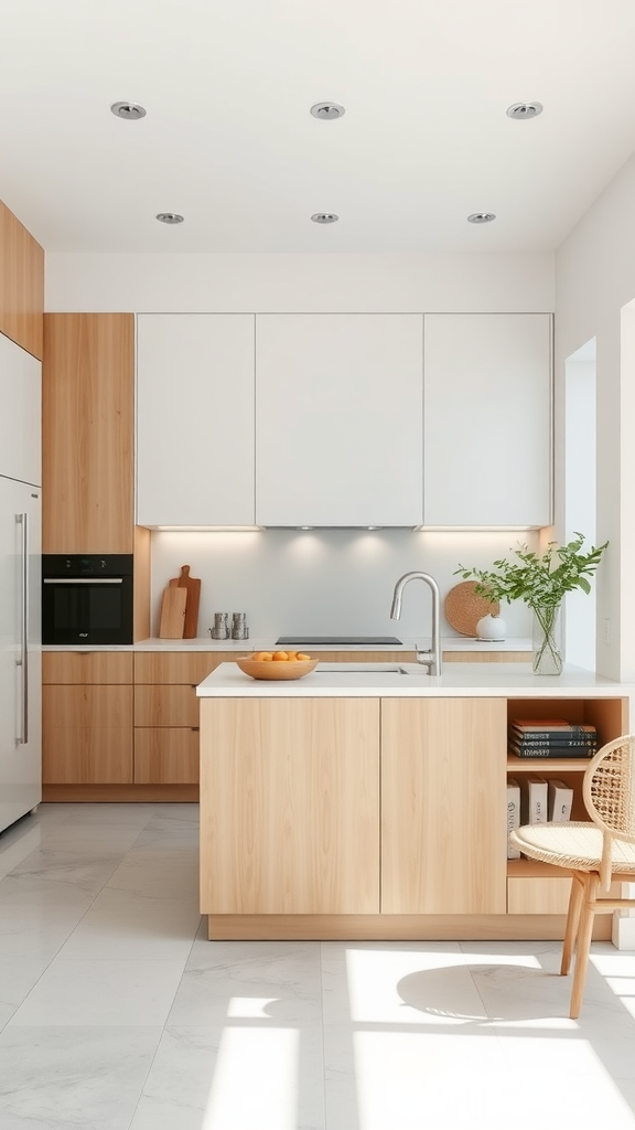 A minimalist open concept kitchen featuring light wood and white cabinetry, a central island, and bright natural light.