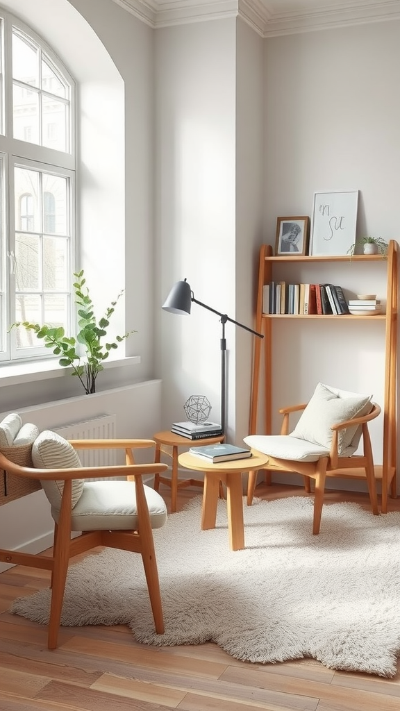 Cozy Scandinavian reading space with soft chairs, a round table, and a large window